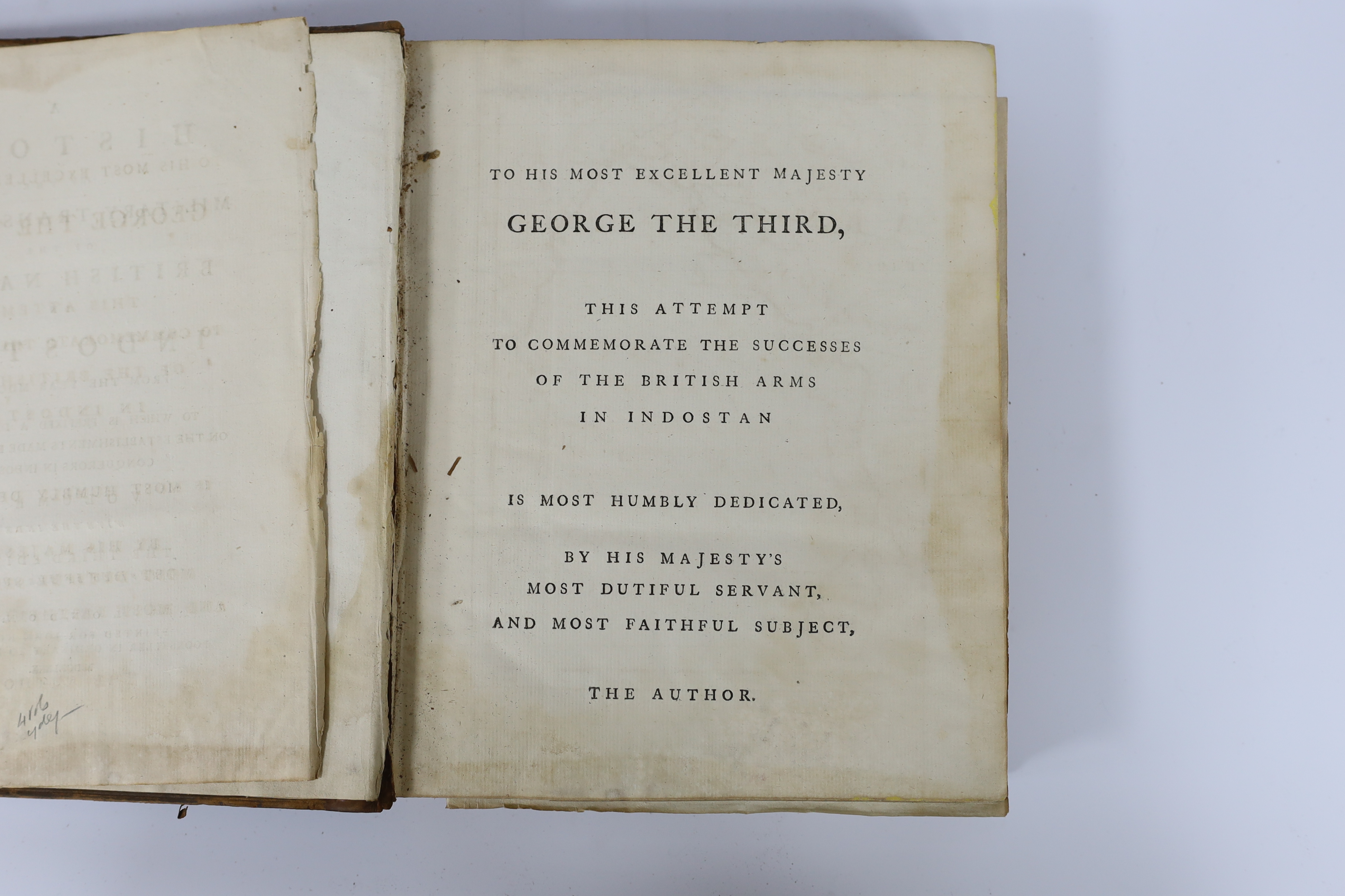 Orme, Robert - A History of the Military Transactions of the British Nation in Indostan, from the year MDCCXLV... 3 vols. (vol. I third, vols. II and III first editions). 34 plates (? ex 36), mostly folded plans; 1780-17